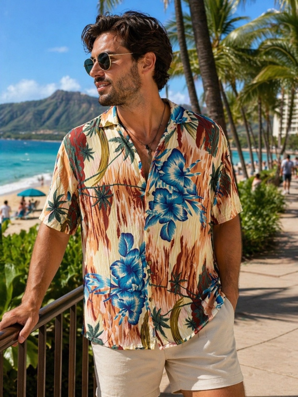 Vintage Hawaiian Shirt Medium Rayon Tropical Floral Beach Vacation Button Up
